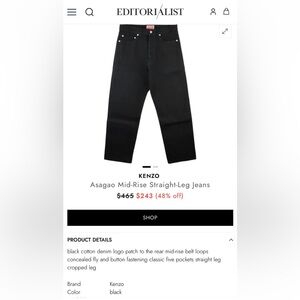 Kenzo Paris Classic Mid-Rise Black Straight-Leg Cropped Asagao Jeans $465